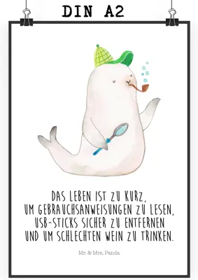 Produktbild von Mr. & Mrs. Panda Bild Robbe Sherlock DIN A2 - Weiß - Geschenk, Deko, Wandbild, Kunstdruck, Lustige Sprüche, wanddeko, drucke