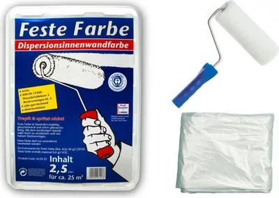 Produktbild von Feste Farbe Innenwandfarbe inkl.1x Farbroller 230mm, 1x Abdeckfolie (feste Farbe 2,5 Liter weiss)