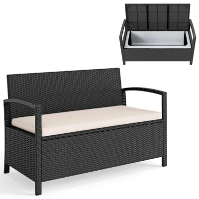 Immagine prodotto di Panchina da giardino COSTWAY in polyrattan, panca a 2 posti con contenitore per cuscini integrato e cuscini, panca a cassettone resistente alle intemperie, panca da balcone 129x61x77 cm beige