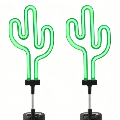 Produktbild von 2er Set Kaktus Solar Gartenstecker – wasserdichte Neon LED Außenleuchten – für Garten, Hof, Rasen, Wege und Terrasse