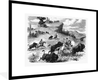 Produktbild von MuchoWow® Gerahmtes Poster Eine Illustration der Bisonjagd 90x60 cm - Poster mit Schwarzem Bilderrahmen Wandposter Rahmen Foto Bilder - Wanddekoration - Fotos