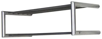 A metal shelf with a towel bar below, isolated on a white background.