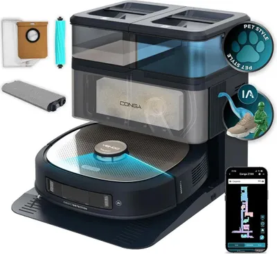 Immagine prodotto di Robot aspirapolvere e lavapavimenti con tecnologia AI LaserEye. Pulizia professionale con il suo mop XXL bimateriale. Stazione di pulizia completamente autosvuotante per polvere, acqua e mop.