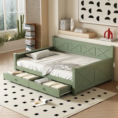 Obrázek produktu pro MODFU Rozkládací postel Ploché lůžko 90x200 cm s lamelovým roštem, denní postel dřevěná s 2 šuplíky, Daybed, Dětská postel, Zelená (bez matrace)