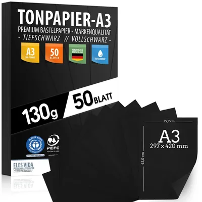 Produktbild von Tonzeichenpapier 50 Blatt DIN A3-130g/m² Tonpapier Tiefschwarz Schwarz
