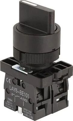 A close-up studio shot of a black rotary switch with a black lever and a black base.