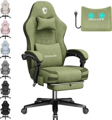 Obrázek produktu pro Douxlife GC-RC05 Gaming Chair Fabric Office Computer Chair s masáží, opěrkou nohou a bederní opěrkou, ergonomická, kovové nohy, nosnost 158 kg - zelená