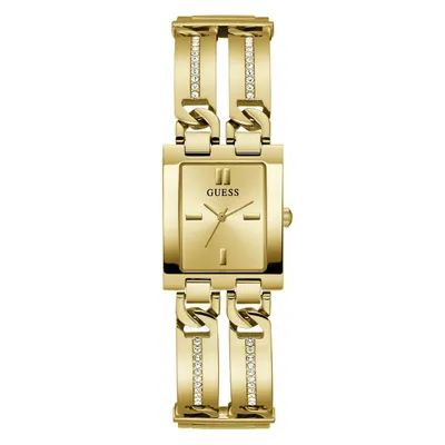 A gold Guess watch with a rectangular face and a chain-link bracelet.