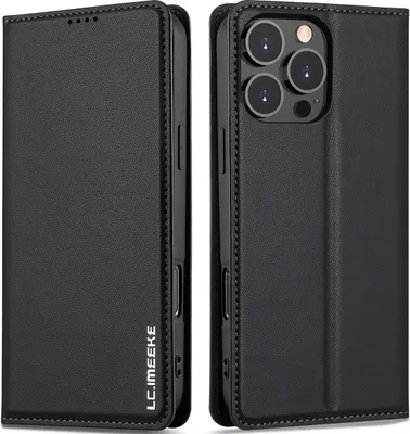 Produktbild von Handyhülle für iPhone 16 Pro, Magnetische Flip Leder Hülle mit Kartenfach und Standfunktion Schwarz