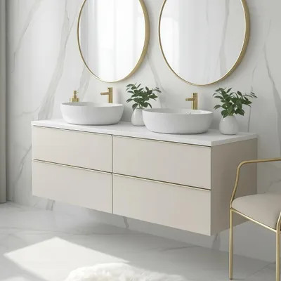 Produktbild von Waschbeckenunterschrank ONE Badezimmer 4 große Schubladen Badmöbel Kaschmir 120x50x46 mit goldene Griffe