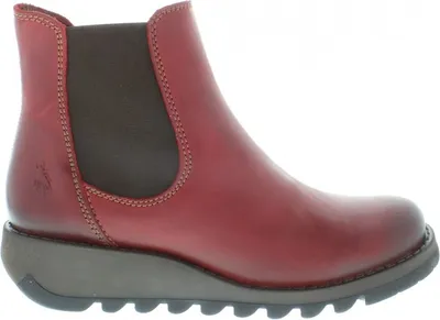 A side view of a red leather ankle boot with a dark brown elasticated side panel and a grey wedge sole.