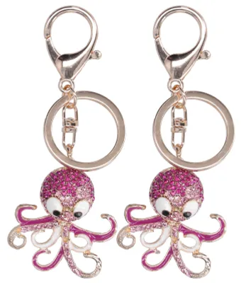 Immagine prodotto di 2 portachiavi a forma di polpo, decorati con strass, ideali come portachiavi, ciondoli per borsa o regalo (motivo: rosa, rosa rossa)