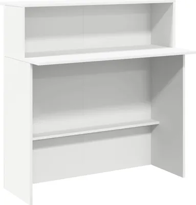 A white reception desk with shelves, shown from the front against a white background.