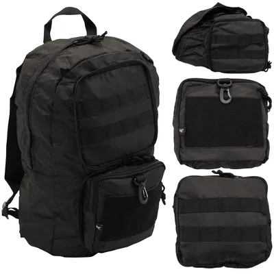 Produktbild von Faltbarer Rucksack schwarz 30L, als kleine Tasche verstaubar, mit Molle-System