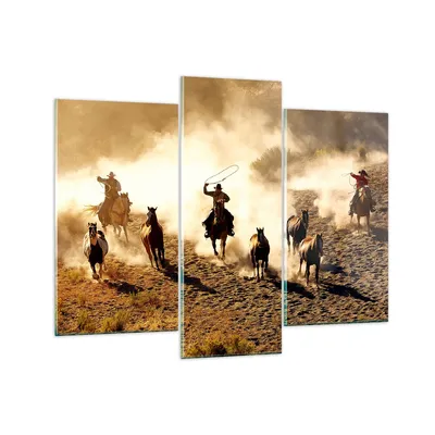 Produktbild von Bilder auf glas - Cowboys Pferde Galopp - 130x100cm - Glasbilder - Wandbilder - Kunstdruck - zum Aufhängen bereit - Wanddekoration aus Glas - Glas Bilder - Wandbild auf Glas - GCB130x100-2693
