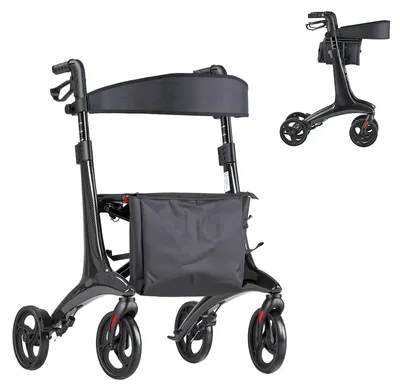 Produktbild von SucceBuy Faltbarer Rollator mit Sitz, Leichter Gehwagen mit 8-Zoll-Rädern, Gehhilfe bis 136 kg mit Rückenlehne, Tasche und Gehstockhalter, Höhenverstellbare Laufhilfe mit Feststellbremse für Senioren, Schwarz