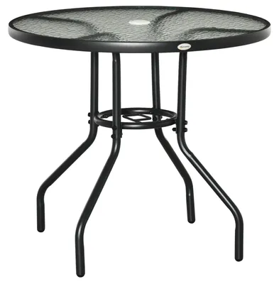 Image de Table de jardin ronde avec trou pour parasol, verre trempé et métal, 80 x 72 cm, noir, pour parasols jusqu'à 38 mm, capuchon de protection inclus