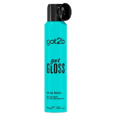 A teal colored spray can of Got2b Got Gloss hair shine spray against a white background.