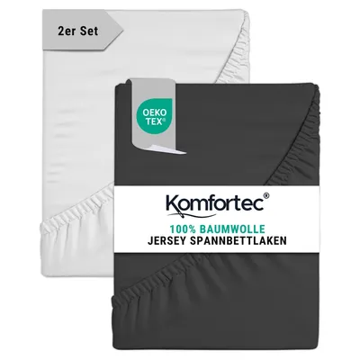 Produktbild von Komfortec 2er Pack Jersey Spannbettlaken 90x200 cm, 100% Baumwolle, Doppelpack Spannbettuch, Anthrazit&Weiß