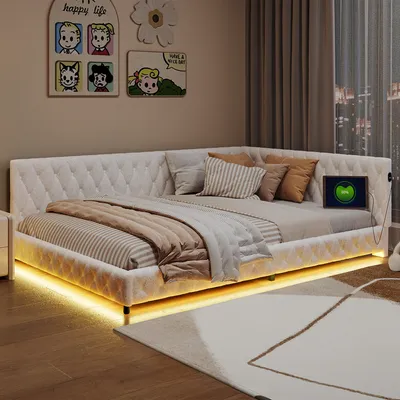 Obrázok produktu pre CDGlobal Čalúnená posteľ 140x200cm s USB/type-c, rozkladacia pohovka s lamelovým roštom, rozkladacia posteľ pre mladých s LED diódou, rozkladacia pohovka pre hostí, zamatová, béžová