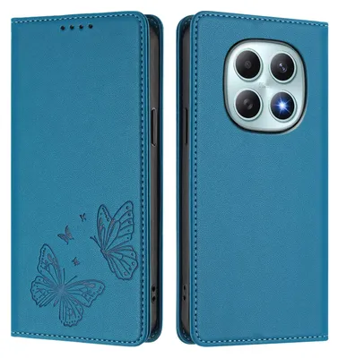 Produktbild von Lederhülle für Xiaomi Redmi Note 15 4G, Schmetterling Prägung Leder Brieftasche Schutzhülle mit Ständer Blau