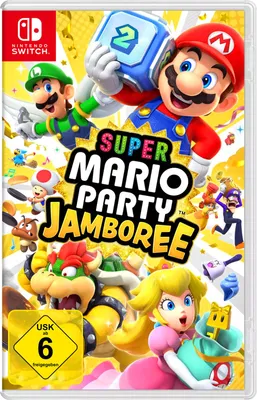 The cover art for the Nintendo Switch game Super Mario Party Jamboree, featuring various Mario characters.