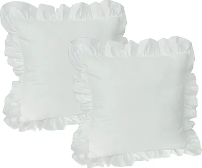 Two white square throw pillows with ruffled edges are shown against a white background.