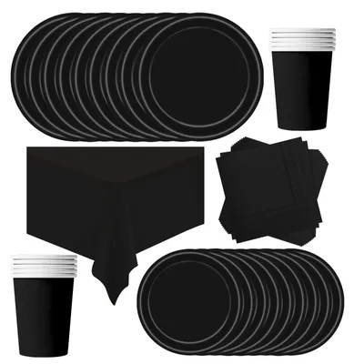 Image de Omgoods - 69 pièces de vaisselle jetable pour 16 personnes - Noir