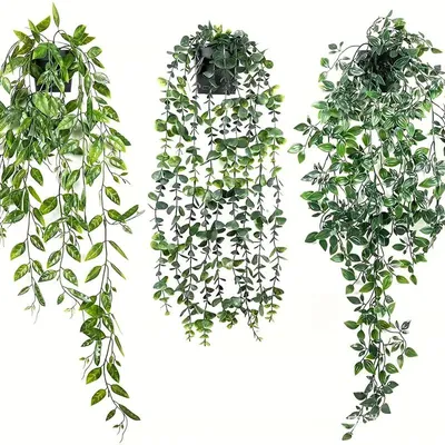 Produktbild von 3 Stück Künstliche Hängepflanzen, Eukalyptus Blätter mit Töpfen, Wartungsfreie Künstliche Pflanzen für Indoor Outdoor Draußen Garten Deko