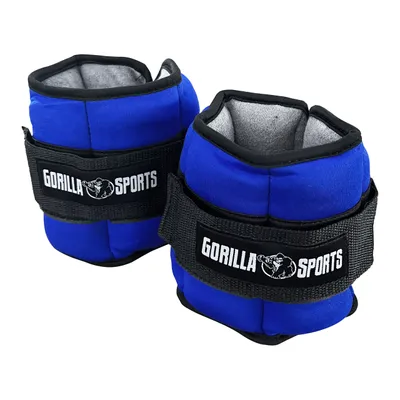 A pair of blue ankle weights with black straps and a logo.
