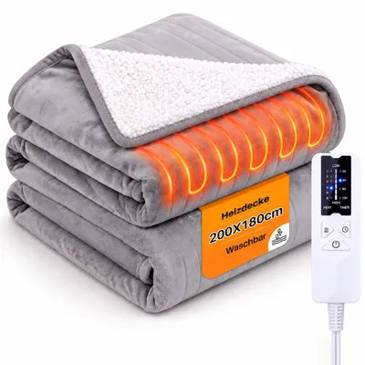 Image de Couverture chauffante électrique ZMH, gris clair, flanelle, 200x180 cm. Couverture chauffante douce avec 6 niveaux de température, fonction minuterie. Couverture chauffante électrique pour lit ou canapé