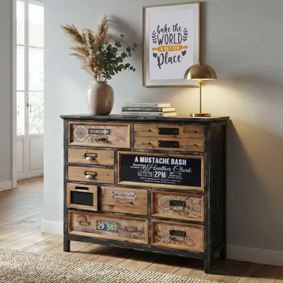 A vintage-style apothecary cabinet with multiple drawers, decorated with various vintage-themed prints and labels. It is placed in a room with a framed picture and a lamp on top, suggesting a home decor setting.