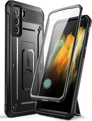A black phone case with a built-in stand and a separate screen protector is shown against a white background.