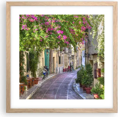 Produktbild von Gerahmtes Poster - Rahmen in heller Eiche - Straße dekoration blumen griechenland - 40x40 cm - Wand Bild - Wanddeko - Wandbilder - Wandposter - Bilderrahmen - Bilder - Kunstdruck - P2NAC40x40-2429