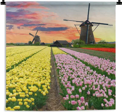 Produktbild von MuchoWow® Wandteppich Wandbehang Windmühle - Tulpen - Blumen - Niederlande 90x90 cm Tapisserie Dekoration Wandtuch - Wandaufhänger