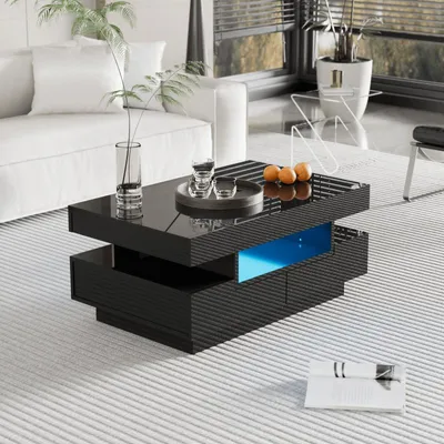 Image de Table basse - Table de salon - Noir brillant avec 4 tiroirs et éclairage d'ambiance LED