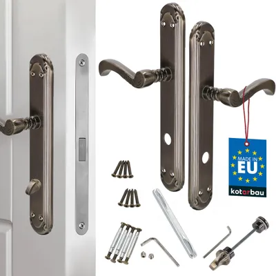A set of door handles and related hardware, including screws and an Allen key, displayed against a white background. A "Made in EU" tag is attached to one of the handles.