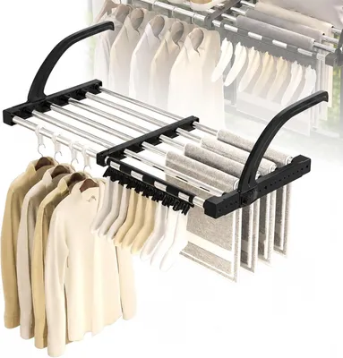 Produktbild von Ausziehbarer Wäscheständer für Balkon und Heizkörper, 42–73 cm | Hängender Wäschetrockner mit Sockenclips und Windschutzhaken, platzsparend für jeden Haushalt
