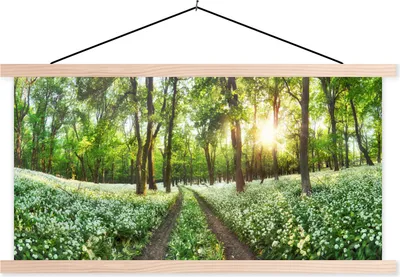 Produktbild von MuchoWow® Textilposter Wald - Blumen - Frühling 120x60 cm mit holzfarbenen Rahmen - Klemmleiste