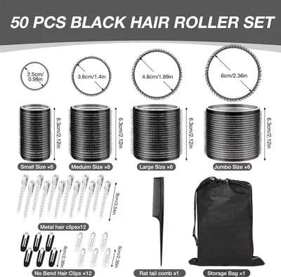 Produktbild von 50 Stücke Lockenwickler Set, 24 Stück 4 Größen (60/48/36/25mm) mit 24 Edelstahl-Clips, Lockenwickler Groß, lockenwickler Selbsthaftend Hair Rollers für Lange, Mittlere & Kurze Haare