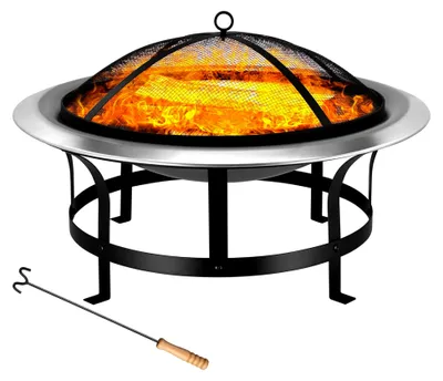Produktbild von Feuerschale für den Garten 75 cm mit Funkenschutz, Schürhaken, Feuerkorb, Edelstahl, Kamin, Terrassenofen, Außen Feuerstelle, Grill, Terrasse, Ofen