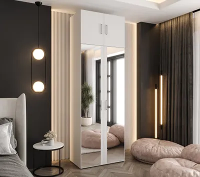 Produktbild von Drehtürenschrank 242x80x48 cm Weiß mit 2 Spiegeln und Aufsatz – Moderner Kleiderschrank mit viel Stauraum für Schlafzimmer und Flur
