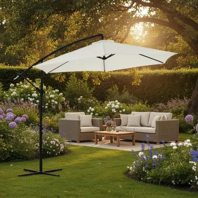 A patio umbrella shades a seating area in a garden.