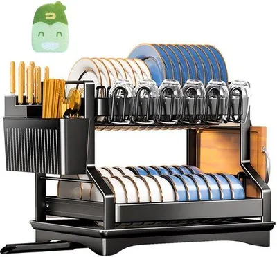 Productafbeelding van Ibenzoa® Meerlaags afdruiprek van roestvrij staal – 2-laags afdruiprek met messenhouder, bekerhouder en snijplankhouder, 360° afvoer, afneembaar afdruipbakje