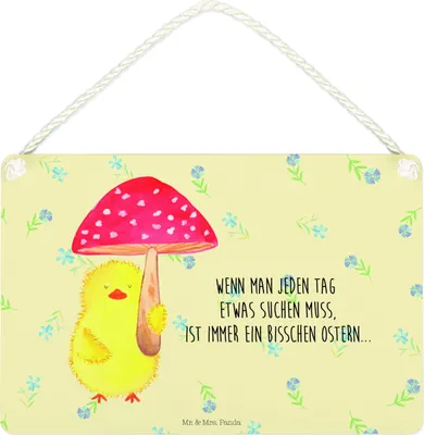 Produktbild von Mr. & Mrs. Panda Schild Küken Fliegenpilz DIN A4 - Blumig - Geschenk, Ostergrüße, Ostern, Wandbild Holz, hängeschild, wandtafel, Frohe, Holzschild, holzbild, Glückspilz