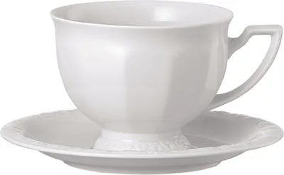 A white porcelain teacup and saucer set.