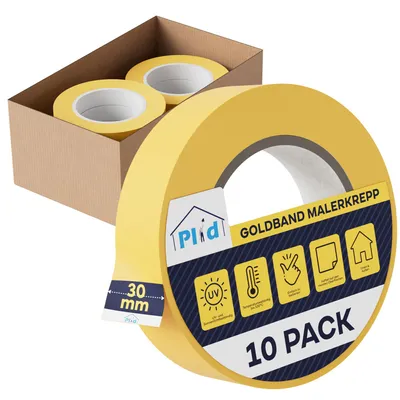 Produktbild von Plid® Goldband Malerkrepp (30mm x 50m, 10 Rollen) - Malerklebeband Nassfest - Innen & Außen - Abklebeband Maler, verhindert Unterlaufen von Farben