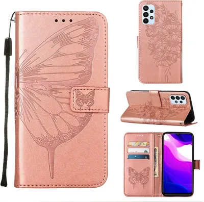 Produktbild von Galaxy A23 4G Hülle, Schmetterling Prägung Flip Leder Kartenfächer Schutzhülle Ledertasche mit Ständer für Samsung Galaxy A23 4G / 5G Roségold