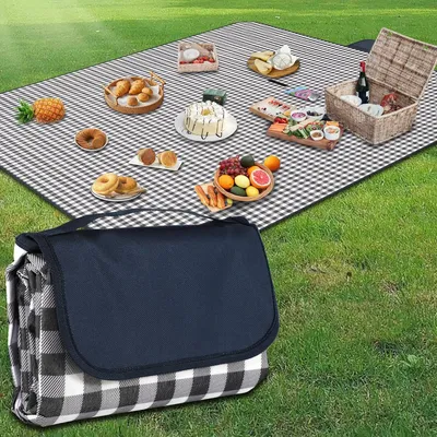Produktbild von Picknickdecke – 200 x 200 cm, wasserdichte Unterseite, Tragegriff, waschbar, faltbar, blaues Gittermuster