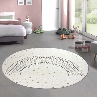 Zdjęcie produktu dla Czarujący dywan dziecięcy z efektem 3D w tęczowe kropki w kolorze kremowym - okrągły rozmiar 200 cm